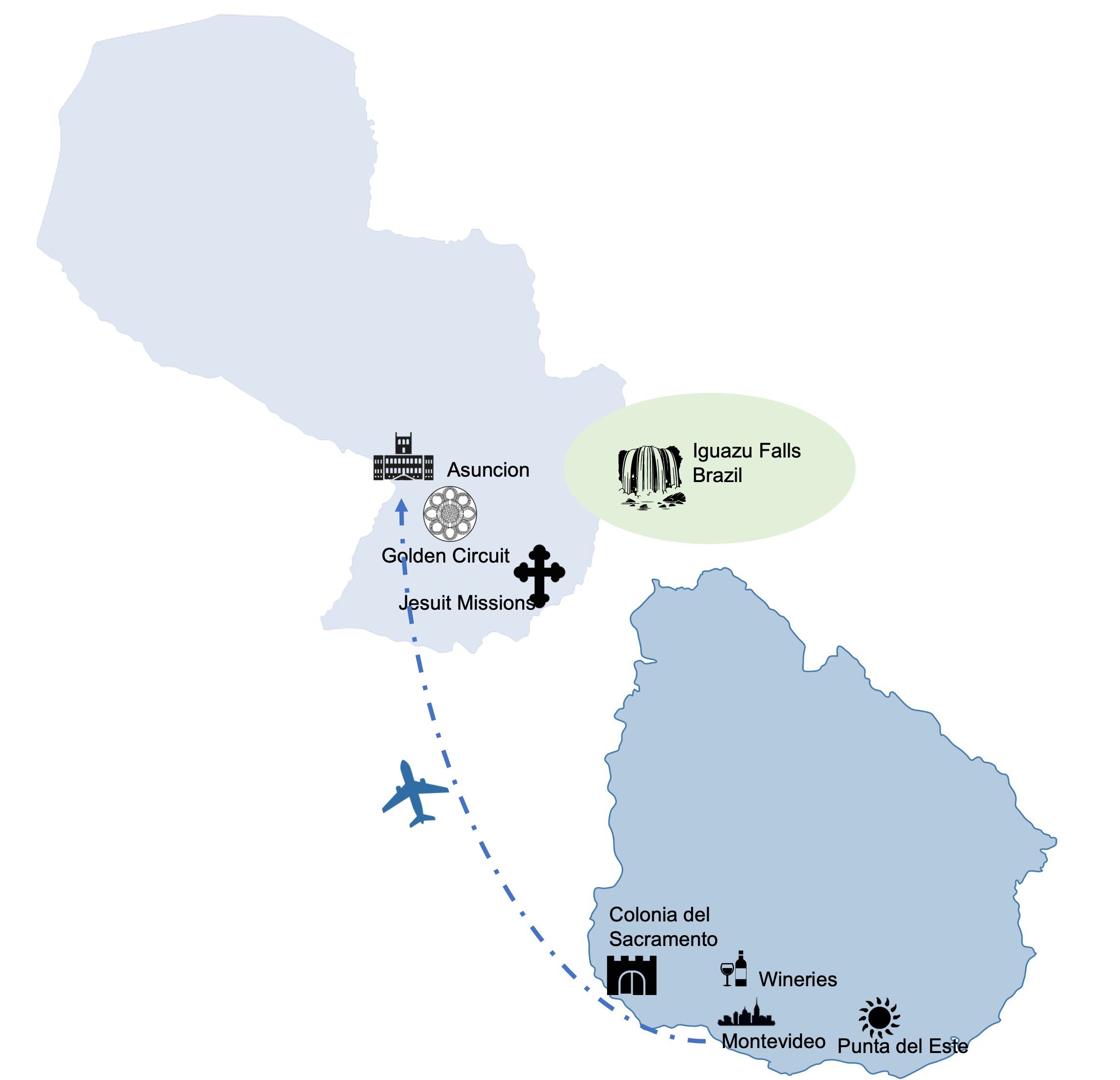 Map of sites visited on the Uruguay-Paraguay Tour